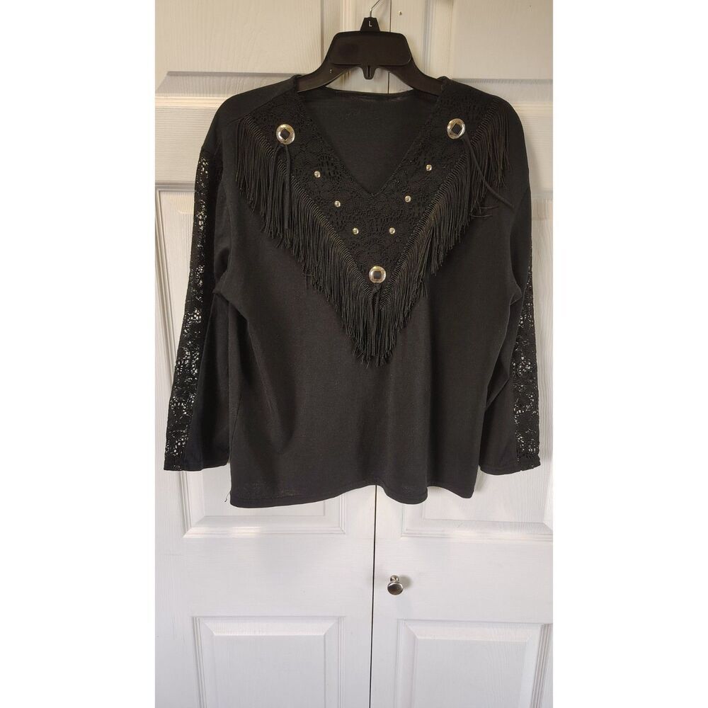 Vintage-Style Western V-neck Fringe Boho Long Sleeve Top Large